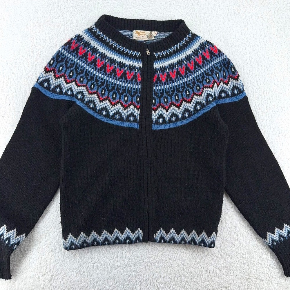 vintage 80s ROBERT BRUCE‎ FAIR ISLE KNIT NORDIC Zip SWEATER Fits XS Cottagecore